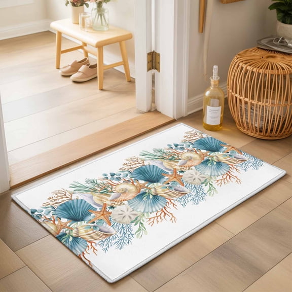 Entryway Rug 2'x3', Beach Coastal Kitchen Runner Rugs Non-Slip Carpet Mats, Nautical Shell Starfish Coral Summer Bedside Rugs Runners Washable Floor Carpet for Bathroom Laundry Room