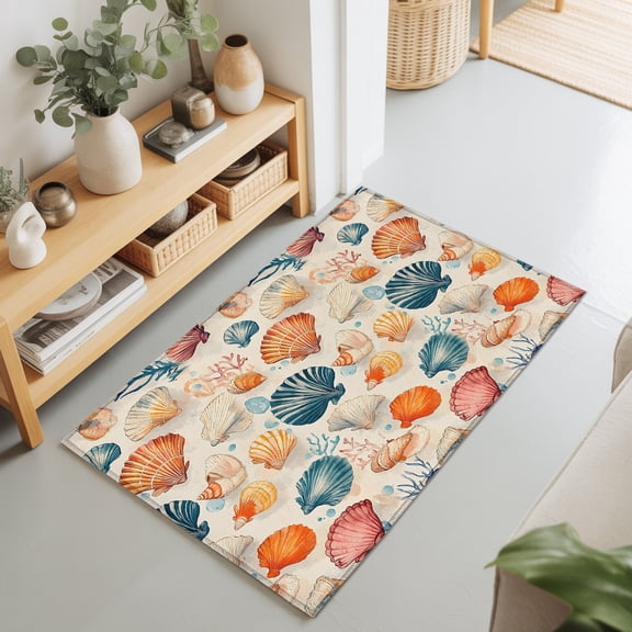 Entryway Rug 2'x3', Beach Coastal Kitchen Runner Rugs Non-Slip Carpet Mats, Summer Nautical Shell Starfish Bedside Rugs Runners Washable Floor Carpet for Bathroom Laundry Room