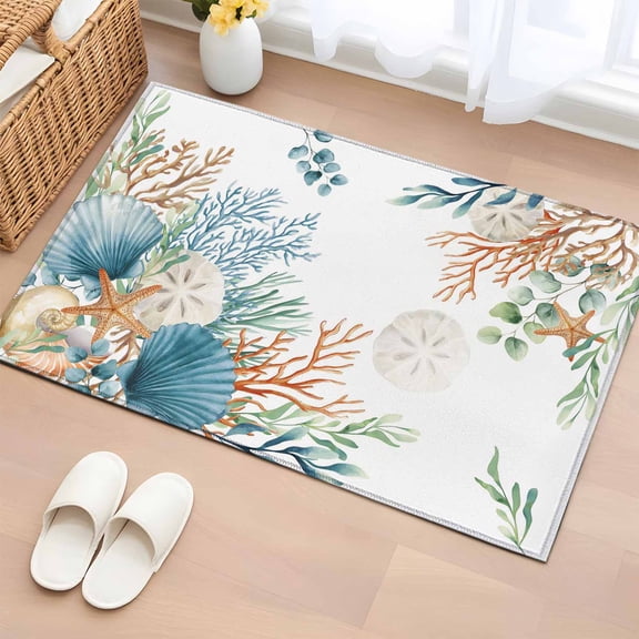 Entryway Rug 2'x3', Beach Coastal Small Rug for Kitchen Bathroom Door Mat Indoor Entrance, Summer Nautical Coral Shell Botanical Non-Slip Area Rugs Floor Mats Carpet Front Door Rugs