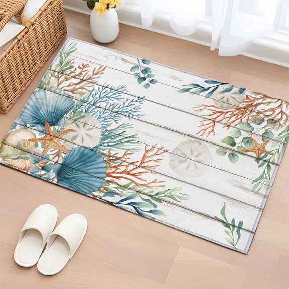 Entryway Rug 2'x3', Beach Coastal Small Rug for Kitchen Bathroom Door Mat Indoor Entrance, Summer Nautical Coral Shell Botanical Vintage Non-Slip Area Rugs Floor Mats Carpet Front Door Rugs