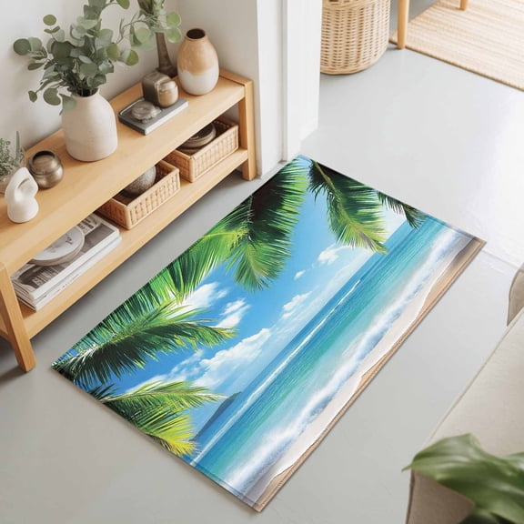 Entryway Rug 2'x3', Beach Ocean Waves Kitchen Runner Rugs Non-Slip Carpet Mats, Summer Tropical Palm Tree Leaves Bedside Rugs Runners Washable Floor Carpet for Bathroom Laundry Room