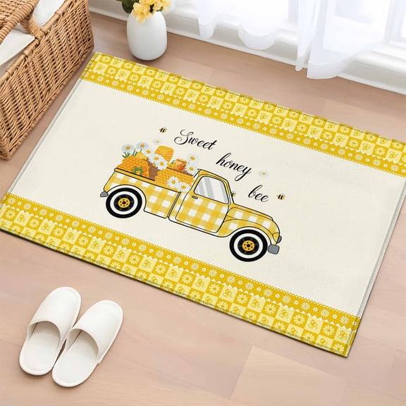 Entryway Rug 2'x3', Bee Truck Small Rug for Kitchen Bathroom Door Mat Indoor Entrance, Yellow Honey Daisy Floral Patterned Plaid Non-Slip Area Rugs Floor Mats Carpet Front Door Rugs
