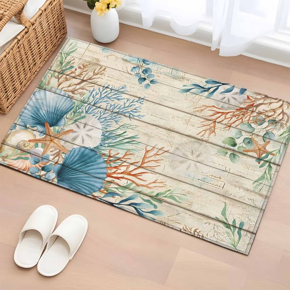Entryway Rug 2'x3', Beige Beach Coastal Small Rug for Kitchen Bathroom Door Mat Indoor Entrance, Summer Nautical Coral Shell Botanical Vintage Non-Slip Area Rugs Floor Mats Carpet Front Door Rugs