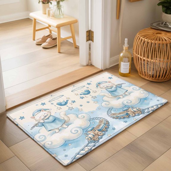 Entryway Rug 2'x3', Beige Cartoon Cats Kitchen Runner Rugs Non-Slip Carpet Mats, Cute Cats Sleeping Dreams Clouds Bedside Rugs Runners Washable Floor Carpet for Bathroom Laundry Room