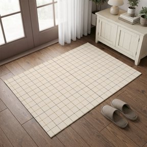Entryway Rug 2'x3', Beige Plaid Grid Kitchen Runner Rugs Non-Slip Carpet Mats, Modern Abstract Cream Checkered Bedside Rugs Runners Washable Floor Carpet for Bathroom Laundry Room