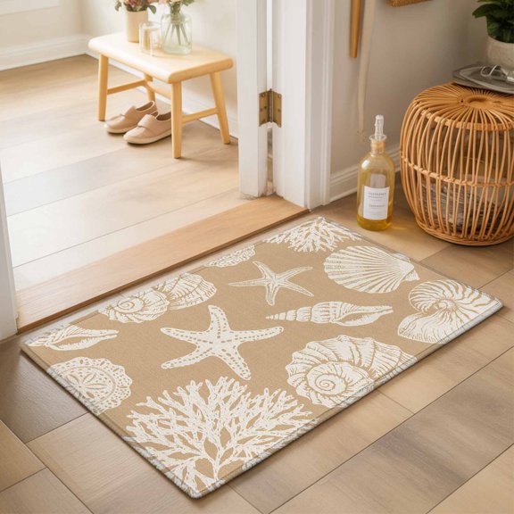 Entryway Rug 2'x3', Beige Starfish Coastal Kitchen Runner Rugs Non-Slip Carpet Mats, Shell Coral Summer Beach Nautical Ocean Bedside Rugs Runners Washable Floor Carpet for Bathroom Laundry Room