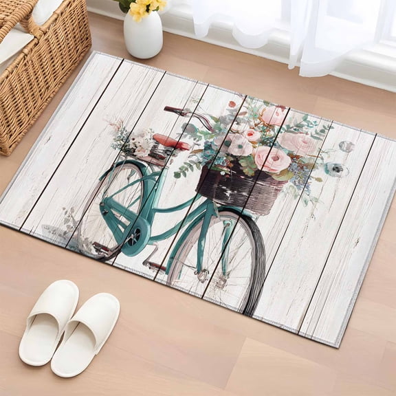 Entryway Rug 2'x3', Bicycles Small Rug for Kitchen Bathroom Door Mat Indoor Entrance, Country Vehicle Botanical Flowers Wooden Plank Non-Slip Area Rugs Floor Mats Carpet Front Door Rugs