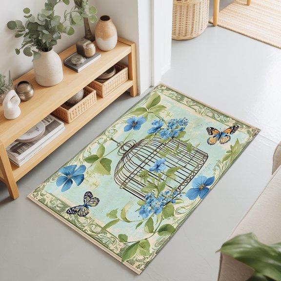 Entryway Rug 2'x3', Birds Cage Kitchen Runner Rugs Non-Slip Carpet Mats, Green Botanical Blue Floral Bedside Rugs Runners Washable Floor Carpet for Bathroom Laundry Room