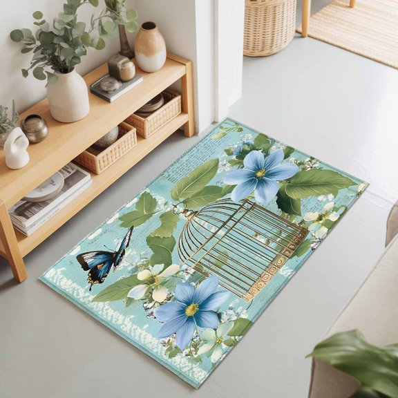 Entryway Rug 2'x3', Birds Cage Kitchen Runner Rugs Non-Slip Carpet Mats, Spring Botanical Blue Floral Bedside Rugs Runners Washable Floor Carpet for Bathroom Laundry Room