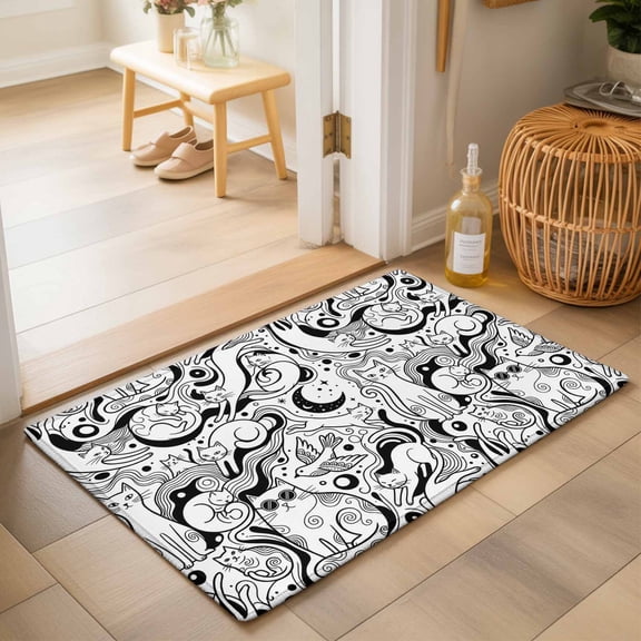 Entryway Rug 2'x3', Black Cartoon Cats Kitchen Runner Rugs Non-Slip Carpet Mats, Modern Abstract Art Striped Cats Bedside Rugs Runners Washable Floor Carpet for Bathroom Laundry Room