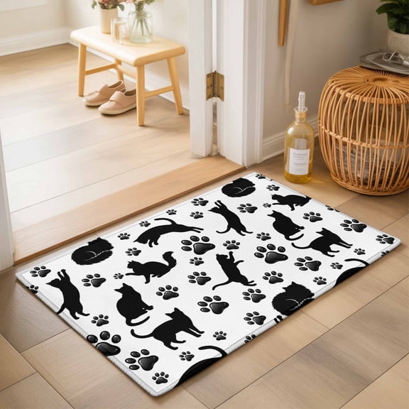 Entryway Rug 2'x3', Black Cat Kitchen Runner Rugs Non-Slip Carpet Mats, Cat Paw Cute Silhouette Bedside Rugs Runners Washable Floor Carpet for Bathroom Laundry Room