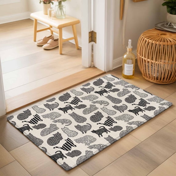 Entryway Rug 2'x3', Black Cat Kitchen Runner Rugs Non-Slip Carpet Mats, Rustic Striped Geometric Abstract Bedside Rugs Runners Washable Floor Carpet for Bathroom Laundry Room