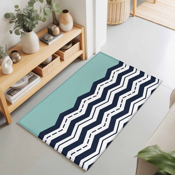 Entryway Rug 2'x3', Black Chevron Kitchen Runner Rugs Non-Slip Carpet Mats, Geometric Turquoise Wavy Striped White Bedside Rugs Runners Washable Floor Carpet for Bathroom Laundry Room