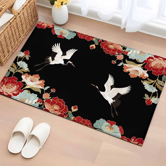 Entryway Rug 2'x3', Black Crane Small Rug for Kitchen Bathroom Door Mat Indoor Entrance, Vintage Red Teal Spring Floral Botanical Non-Slip Area Rugs Floor Mats Carpet Front Door Rugs