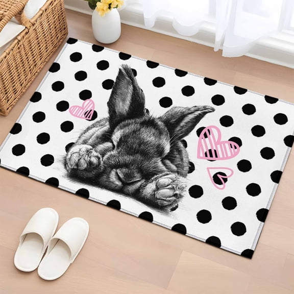 Entryway Rug 2'x3', Black Easter Small Rug for Kitchen Bathroom Door Mat Indoor Entrance, Spring Modern Cute Bunny Polka Dot Non-Slip Area Rugs Floor Mats Carpet Front Door Rugs