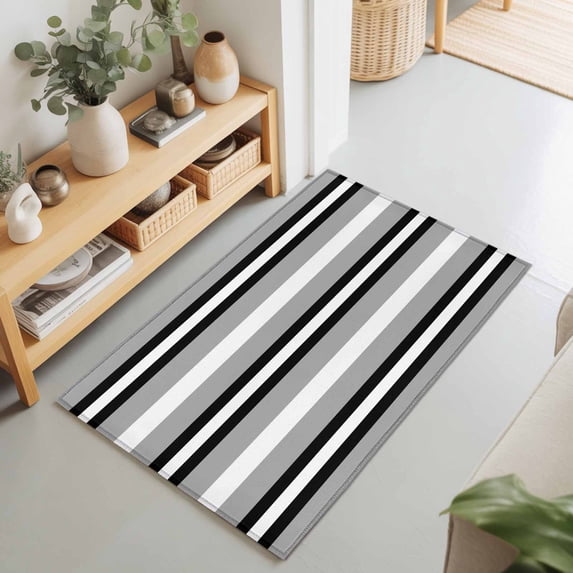 Entryway Rug 2'x3', Black Gray Striped Kitchen Runner Rugs Non-Slip Carpet Mats, Contemporary Minimalist Lines Art Bedside Rugs Runners Washable Floor Carpet for Bathroom Laundry Room