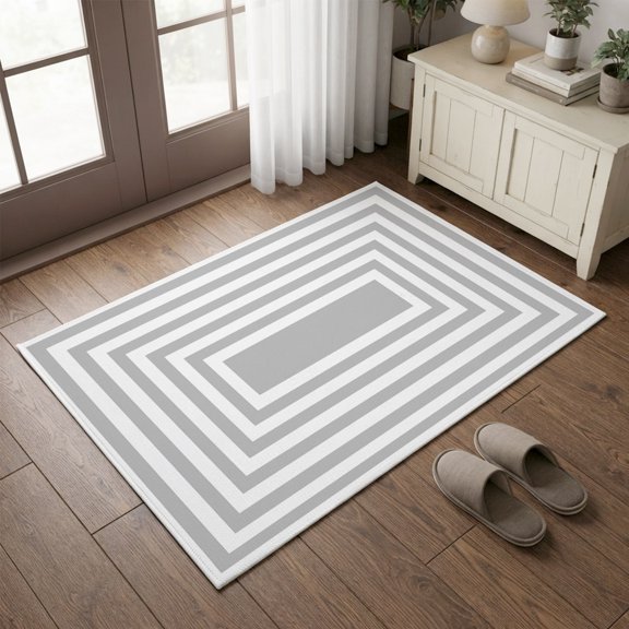 Entryway Rug 2'x3', Black Grey Geometric Kitchen Runner Rugs Non-Slip Carpet Mats, Square Minimalist Modern Bedside Rugs Runners Washable Floor Carpet for Bathroom Laundry Room