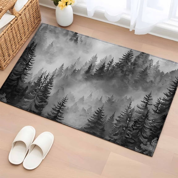 Entryway Rug 2'x3', Black Grey Mountain Small Rug for Kitchen Bathroom Door Mat Indoor Entrance, Misty Forest Nature Woodland Pine Tree Landscape Non-Slip Area Rugs Floor Mats Carpet Front Door Rugs