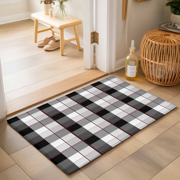 Entryway Rug 2'x3', Black Grey Plaid Kitchen Runner Rugs Non-Slip Carpet Mats, Modern Abstract Ombre Gingham Checkered Bedside Rugs Runners Washable Floor Carpet for Bathroom Laundry Room