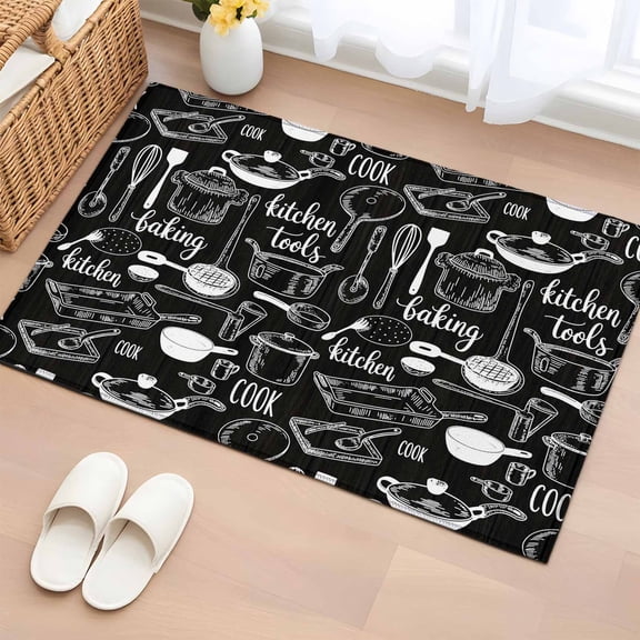 Entryway Rug 2'x3', Black Kitchenware Small Rug for Kitchen Bathroom Door Mat Indoor Entrance, Modern Funny Cook Tools Spoons Forks Non-Slip Area Rugs Floor Mats Carpet Front Door Rugs