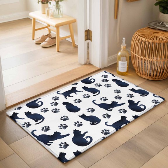 Entryway Rug 2'x3', Black Navy Blue Cat Kitchen Runner Rugs Non-Slip Carpet Mats, Cat Paw Farmhouse Bedside Rugs Runners Washable Floor Carpet for Bathroom Laundry Room