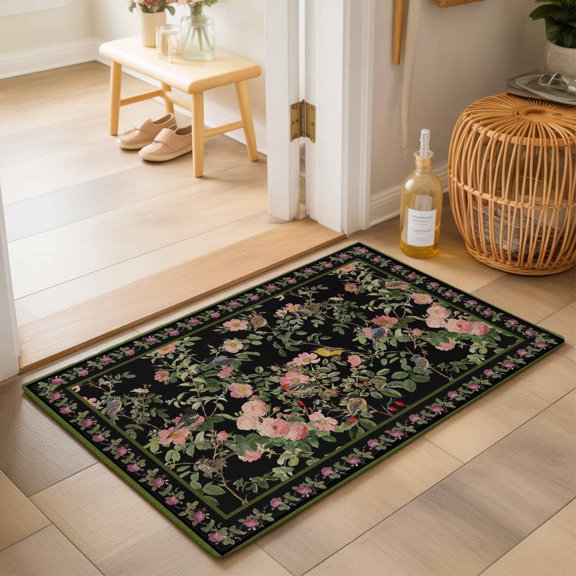 Entryway Rug 2'x3', Black Spring Floral Kitchen Runner Rugs Non-Slip Carpet Mats, Elegant Pastoral Flowers Birds Retro Art Bedside Rugs Runners Washable Floor Carpet for Bathroom Laundry Room