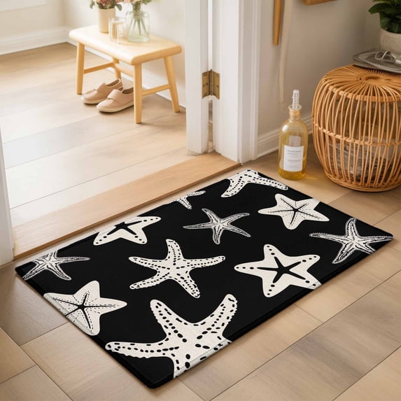 Entryway Rug 2'x3', Black Starfish Coastal Kitchen Runner Rugs Non-Slip Carpet Mats, Nautical Summer Ocean Abstract Art Bedside Rugs Runners Washable Floor Carpet for Bathroom Laundry Room