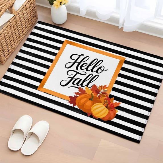 Entryway Rug 2'x3', Black Striped Fall Small Rug for Kitchen Bathroom Door Mat Indoor Entrance, Thanksgiving Pumpkins Farmhouse Art Non-Slip Area Rugs Floor Mats Carpet Front Door Rugs