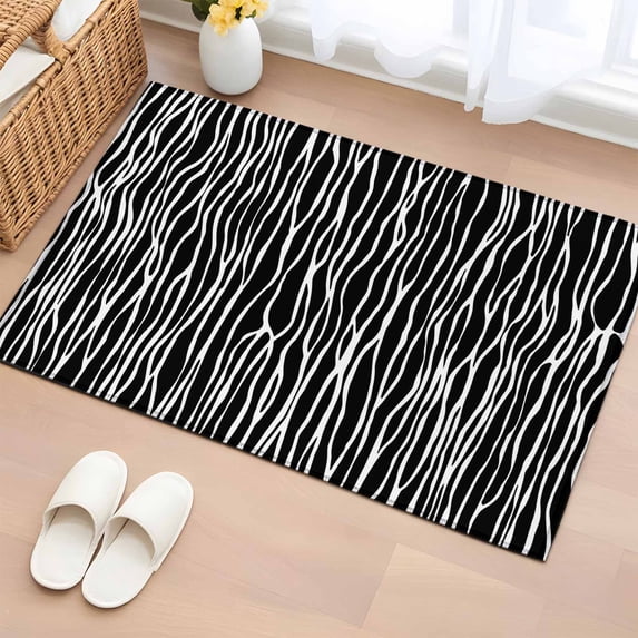 Entryway Rug 2'x3', Black Striped Small Rug for Kitchen Bathroom Door Mat Indoor Entrance, Retro Wave Lines Texture Simple Non-Slip Area Rugs Floor Mats Carpet Front Door Rugs