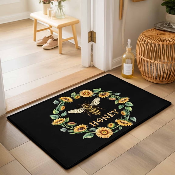 Entryway Rug 2'x3', Black Sunflowers Bees Kitchen Runner Rugs Non-Slip Carpet Mats, Farmhouse Honey Floral Rings Bedside Rugs Runners Washable Floor Carpet for Bathroom Laundry Room