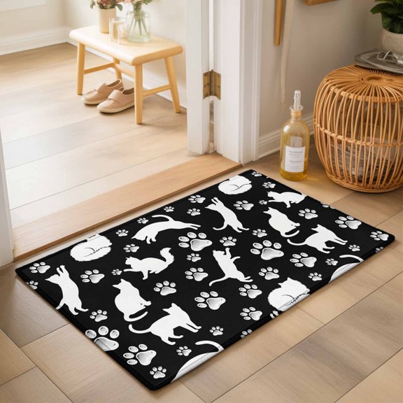 Entryway Rug 2'x3', Black White Cat Kitchen Runner Rugs Non-Slip Carpet Mats, Cat Paw Cute Silhouette Bedside Rugs Runners Washable Floor Carpet for Bathroom Laundry Room