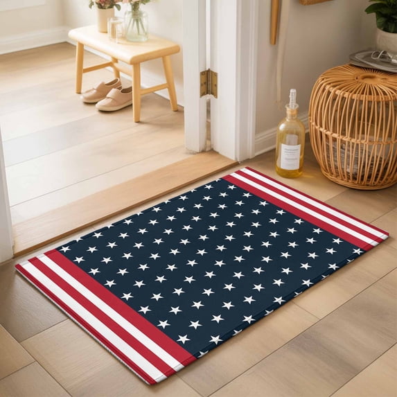 Entryway Rug 2'x3', Black White Independence Day Kitchen Runner Rugs Non-Slip Carpet Mats, 4th of July Stars Red Stripes Bedside Rugs Runners Washable Floor Carpet for Bathroom Laundry Room