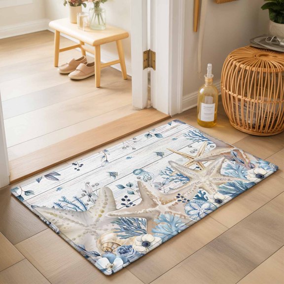 Entryway Rug 2'x3', Blue Beige Coastal Kitchen Runner Rugs Non-Slip Carpet Mats, Beach Starfish Summer Eucalyptus Retro Bedside Rugs Runners Washable Floor Carpet for Bathroom Laundry Room