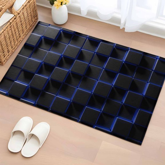 Entryway Rug 2'x3', Blue Black Cubes Small Rug for Kitchen Bathroom Door Mat Indoor Entrance, Modern Geometric Abstract Art Non-Slip Area Rugs Floor Mats Carpet Front Door Rugs