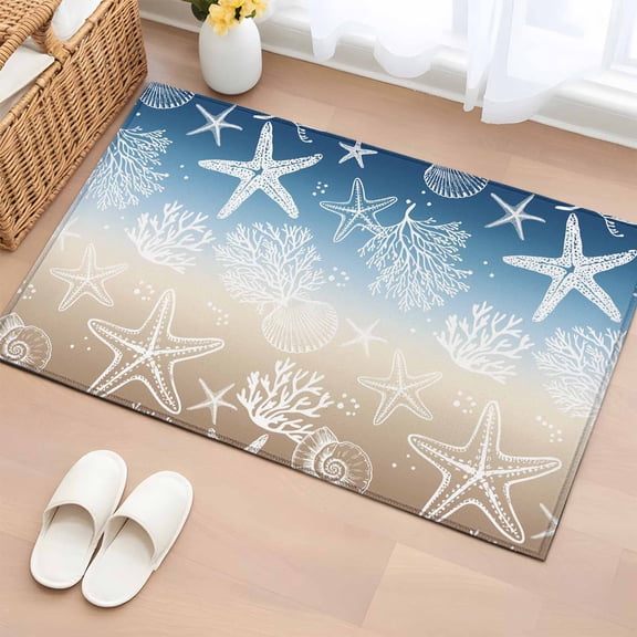 Entryway Rug 2'x3', Blue Brown Ombre Coastal Small Rug for Kitchen Bathroom Door Mat Indoor Entrance, Sea Nautical Summer Beach Starfish Coral Non-Slip Area Rugs Floor Mats Carpet Front Door Rugs