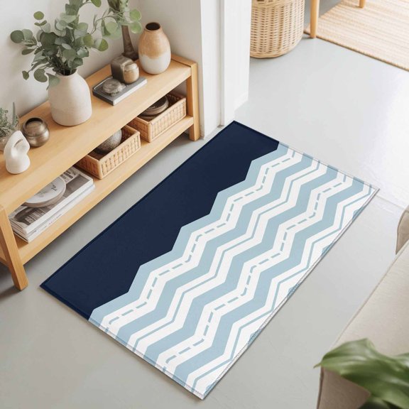 Entryway Rug 2'x3', Blue Chevron Kitchen Runner Rugs Non-Slip Carpet Mats, Geometric Black Print Wavy Striped White Bedside Rugs Runners Washable Floor Carpet for Bathroom Laundry Room