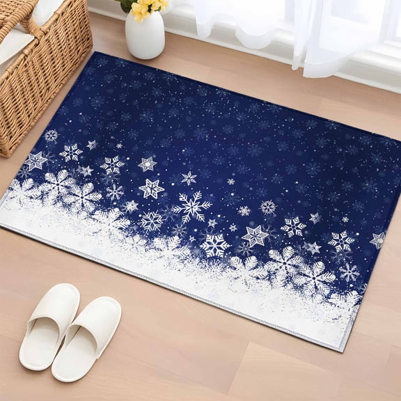 Entryway Rug 2'x3', Blue Christmas Small Rug for Kitchen Bathroom Door Mat Indoor Entrance, Xmas Snowflakes Snow Winter Non-Slip Area Rugs Floor Mats Carpet Front Door Rugs