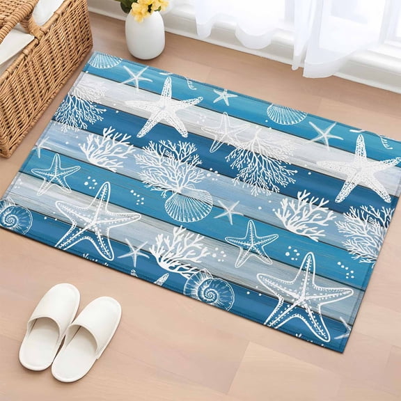 Entryway Rug 2'x3', Blue Coastal Beach Small Rug for Kitchen Bathroom Door Mat Indoor Entrance, Nautical Starfish Coral Vintage Wooden Non-Slip Area Rugs Floor Mats Carpet Front Door Rugs