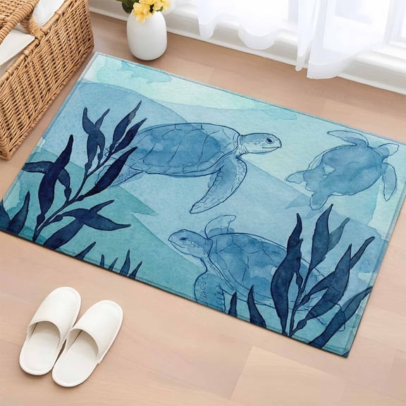 Entryway Rug 2'x3', Blue Coastal Small Rug for Kitchen Bathroom Door Mat Indoor Entrance, Beach Sea Turtle Ocean Nautical Botanical Non-Slip Area Rugs Floor Mats Carpet Front Door Rugs
