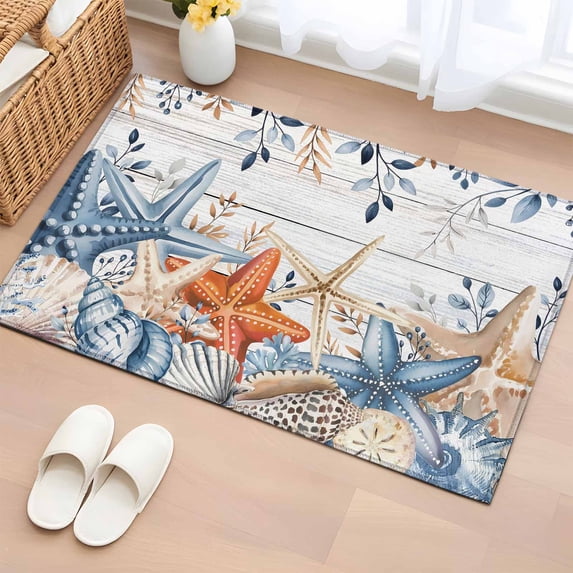 Entryway Rug 2'x3', Blue Coastal Small Rug for Kitchen Bathroom Door Mat Indoor Entrance, Summer Beach Starfish Weeping Eucalyptus Wooden Non-Slip Area Rugs Floor Mats Carpet Front Door Rugs