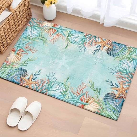 Entryway Rug 2'x3', Blue Coastal Small Rug for Kitchen Bathroom Door Mat Indoor Entrance, Summer Nautical Beach Coral Starfish Non-Slip Area Rugs Floor Mats Carpet Front Door Rugs