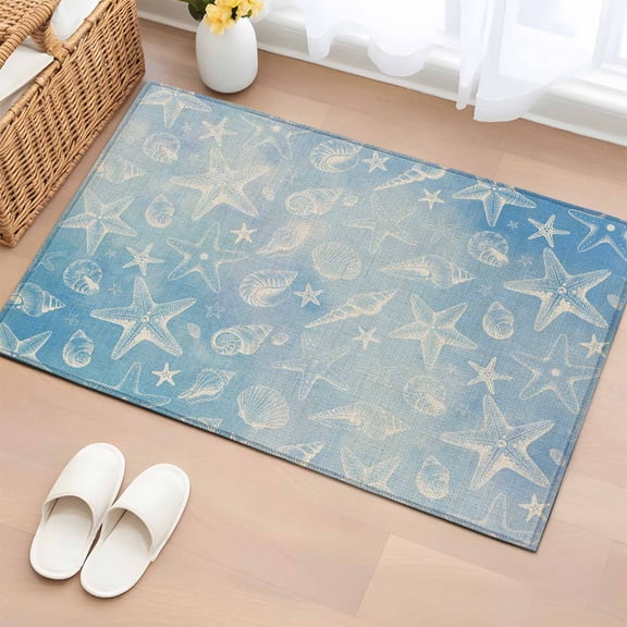 Entryway Rug 2'x3', Blue Coastal Small Rug for Kitchen Bathroom Door Mat Indoor Entrance, Summer Ocean Starfish Conch Seashells Non-Slip Area Rugs Floor Mats Carpet Front Door Rugs