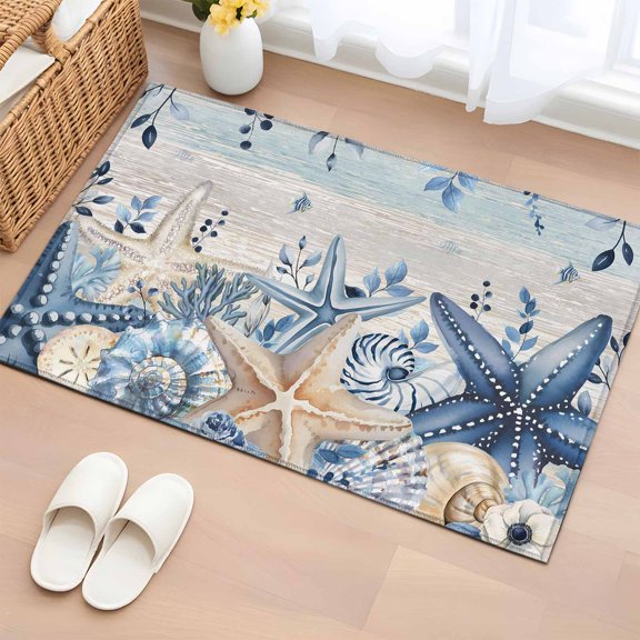 Entryway Rug 2'x3', Blue Coastal Starfish Small Rug for Kitchen Bathroom Door Mat Indoor Entrance, Beach Nautical Shell Eucalyptus Vintage Non-Slip Area Rugs Floor Mats Carpet Front Door Rugs