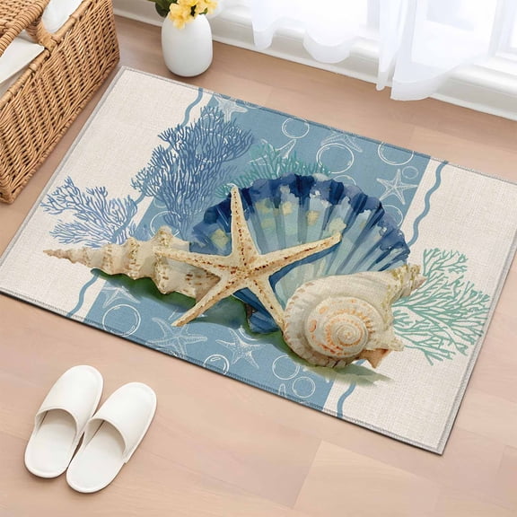 Entryway Rug 2'x3', Blue Coastal Starfish Small Rug for Kitchen Bathroom Door Mat Indoor Entrance, Vintage Beige Nautical Coral Summer Non-Slip Area Rugs Floor Mats Carpet Front Door Rugs