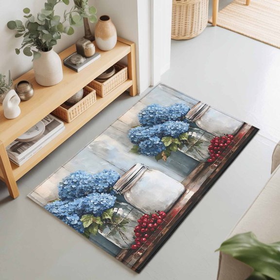 Entryway Rug 2'x3', Blue Flower Kitchen Runner Rugs Non-Slip Carpet Mats, Modern Graffiti Paint Art Farmhouse Wood Grain Bedside Rugs Runners Washable Floor Carpet for Bathroom Laundry Room