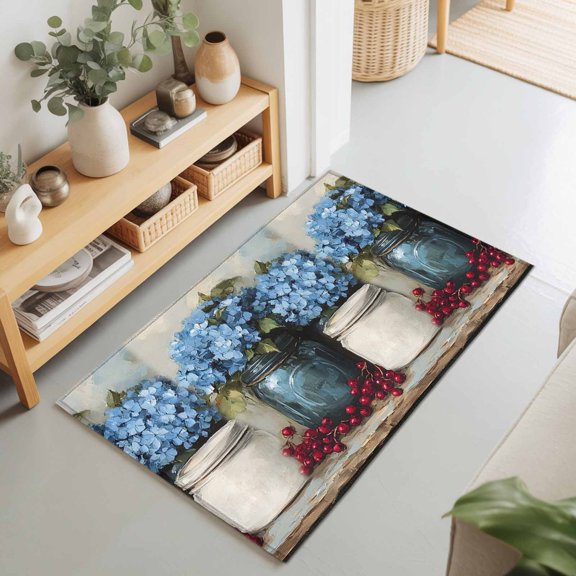 Entryway Rug 2'x3', Blue Flower Kitchen Runner Rugs Non-Slip Carpet Mats, Vintage Hydrangeas Bottle Fruit Painting Bedside Rugs Runners Washable Floor Carpet for Bathroom Laundry Room