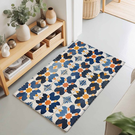 Entryway Rug 2'x3', Blue Geometric Kitchen Runner Rugs Non-Slip Carpet Mats, Simple Colorful Block Abstract Pattern Bedside Rugs Runners Washable Floor Carpet for Bathroom Laundry Room