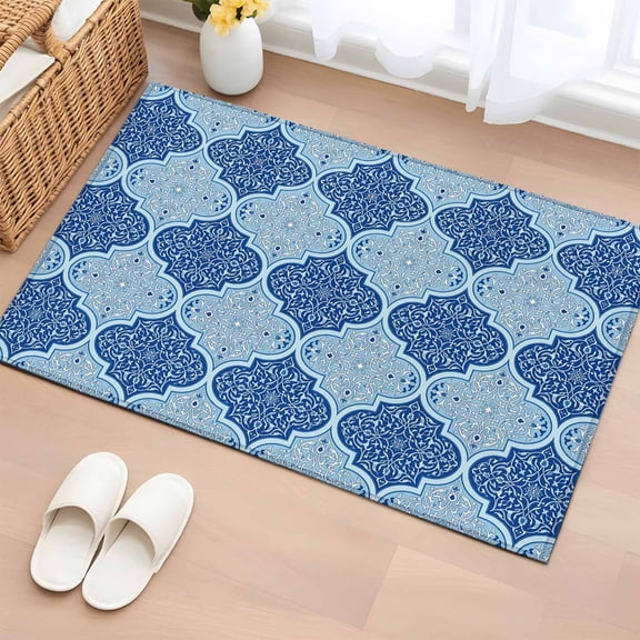 Entryway Rug 2'x3', Blue Geometric Small Rug for Kitchen Bathroom Door Mat Indoor Entrance, Retro Morocco Abstract Art Non-Slip Area Rugs Floor Mats Carpet Front Door Rugs