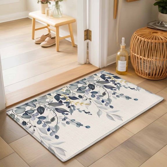 Entryway Rug 2'x3', Blue Grey Eucalyptus Kitchen Runner Rugs Non-Slip Carpet Mats, Farmhouse Weeping Leaves on Linen Bedside Rugs Runners Washable Floor Carpet for Bathroom Laundry Room