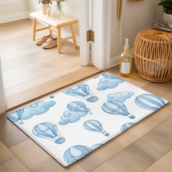 Entryway Rug 2'x3', Blue Hot Air Balloon Kitchen Runner Rugs Non-Slip Carpet Mats, Modern Balloon Float Clouds Bedside Rugs Runners Washable Floor Carpet for Bathroom Laundry Room